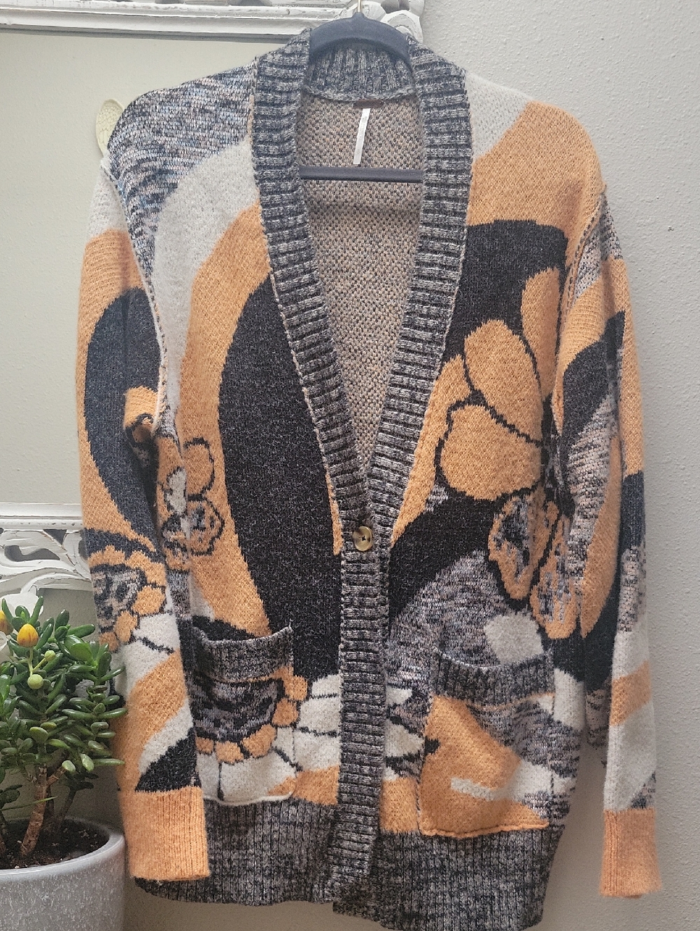 Free People Cardigan Sweater Peach Black Color Combo